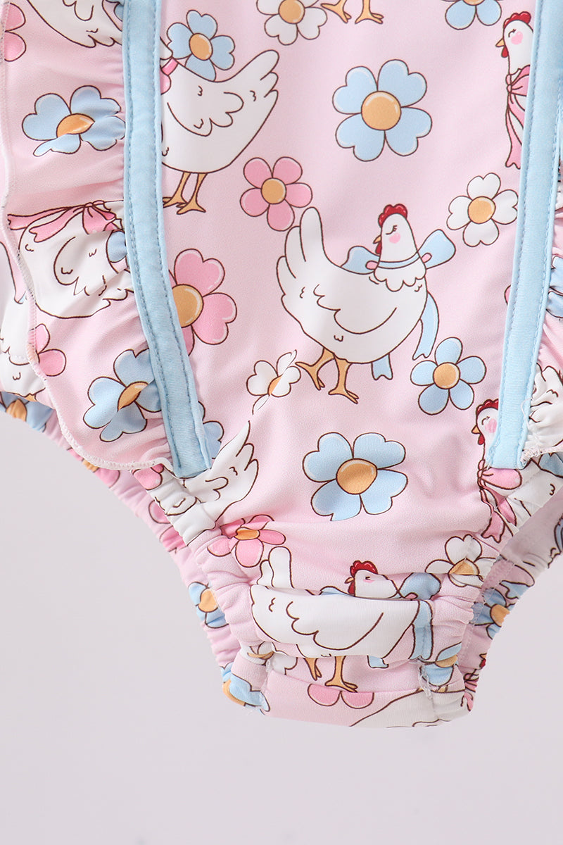 Pink chicken floral one-piece swimsuit