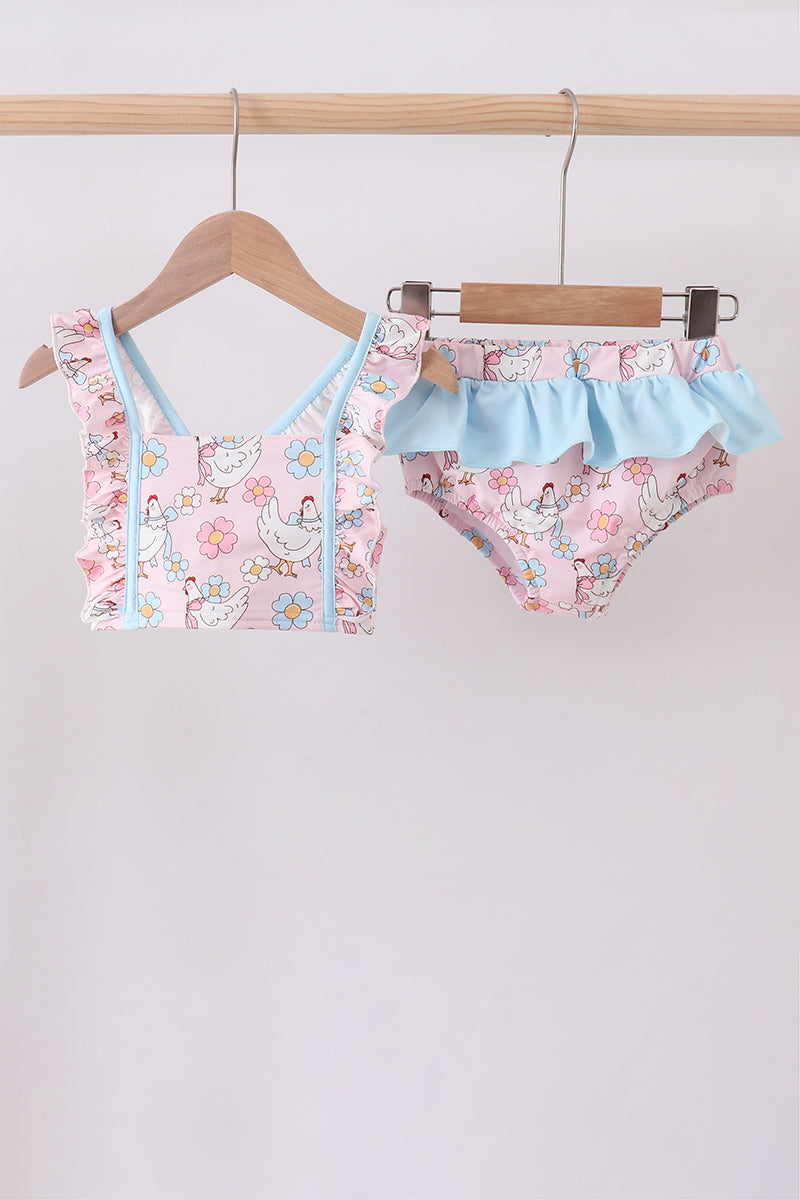 Pink chicken floral 2pcs ruffle swimsuit