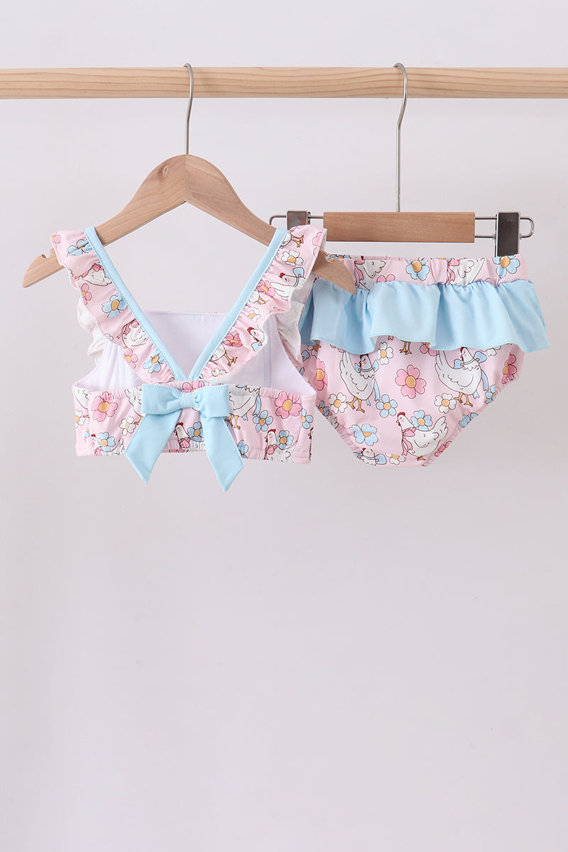 Pink chicken floral 2pcs ruffle swimsuit