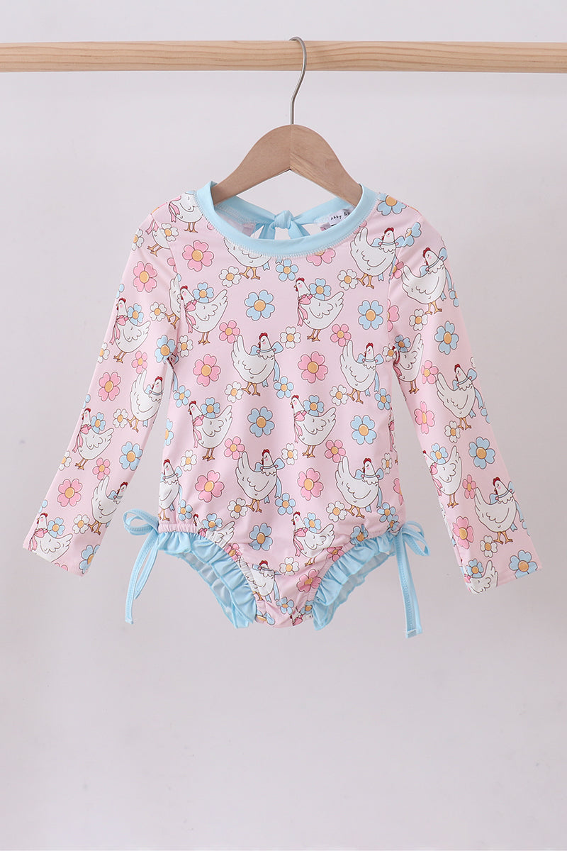 Pink chicken floral rashguard swimsuit