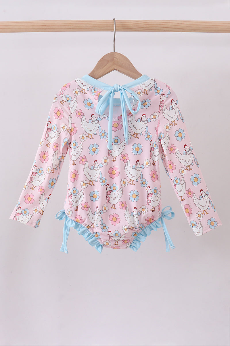 Pink chicken floral rashguard swimsuit
