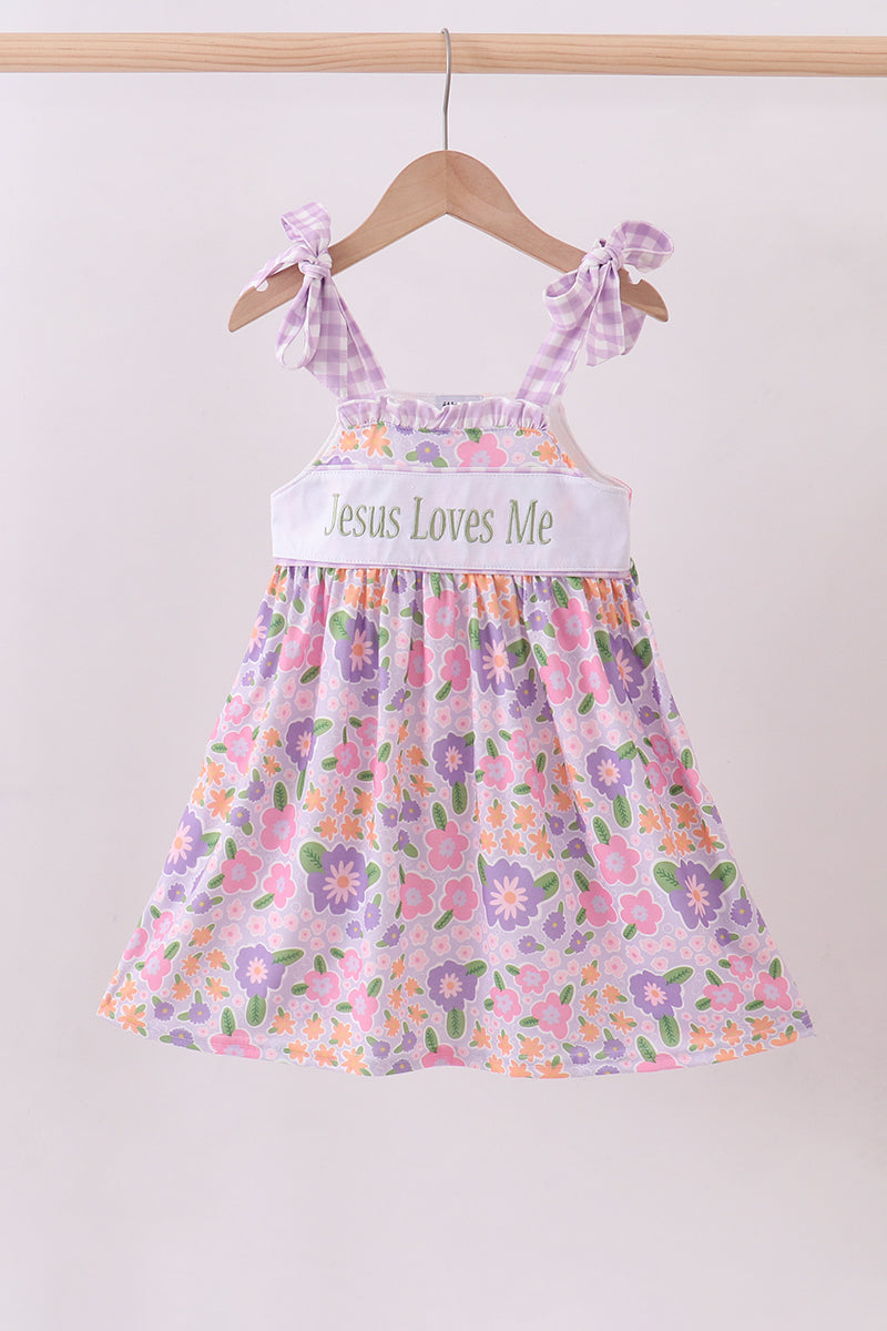 Purple floral Jesus loves me embroidery dress