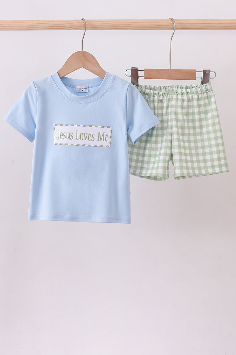 Blue Jesus loves me embroidery shorts set