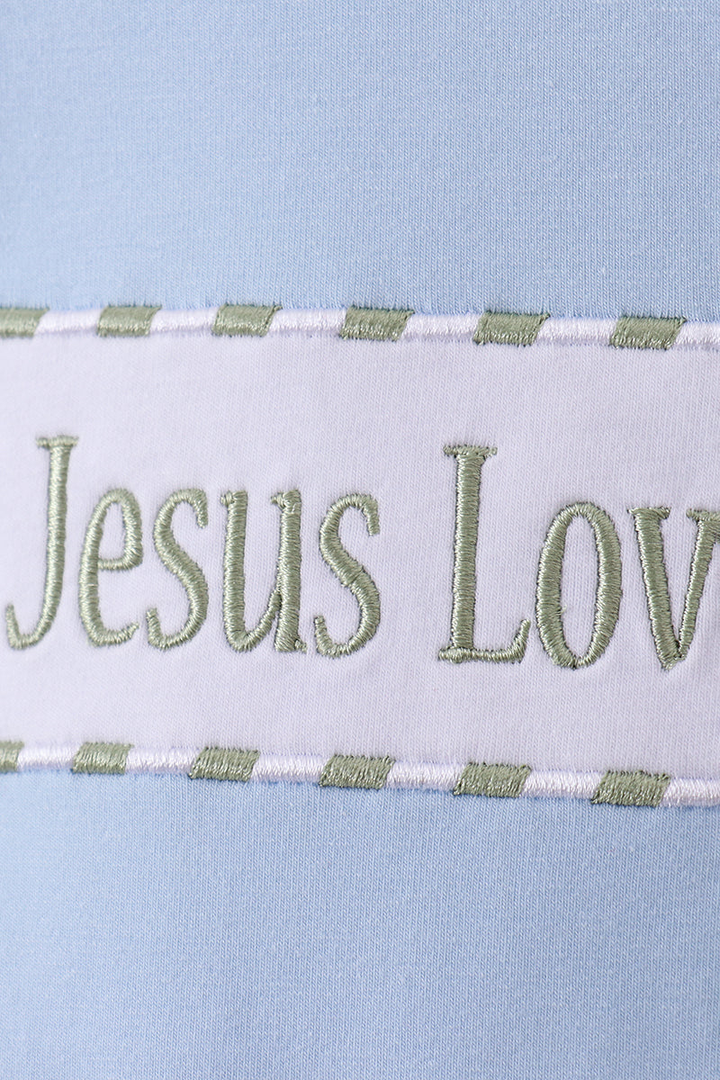 Blue Jesus loves me embroidery shorts set