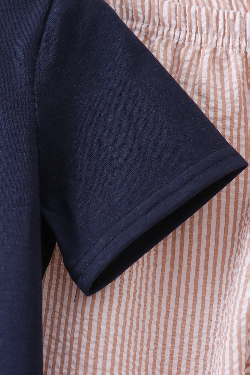 Navy seersucker Game Day Sports embroidery stripe pants set