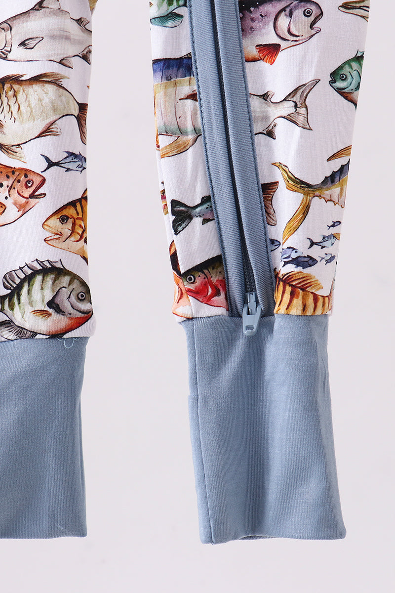 Navy fish bamboo romper