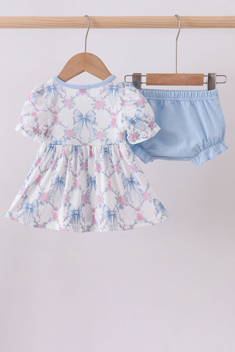 Blue bow floral smocked ruffle bloomer set