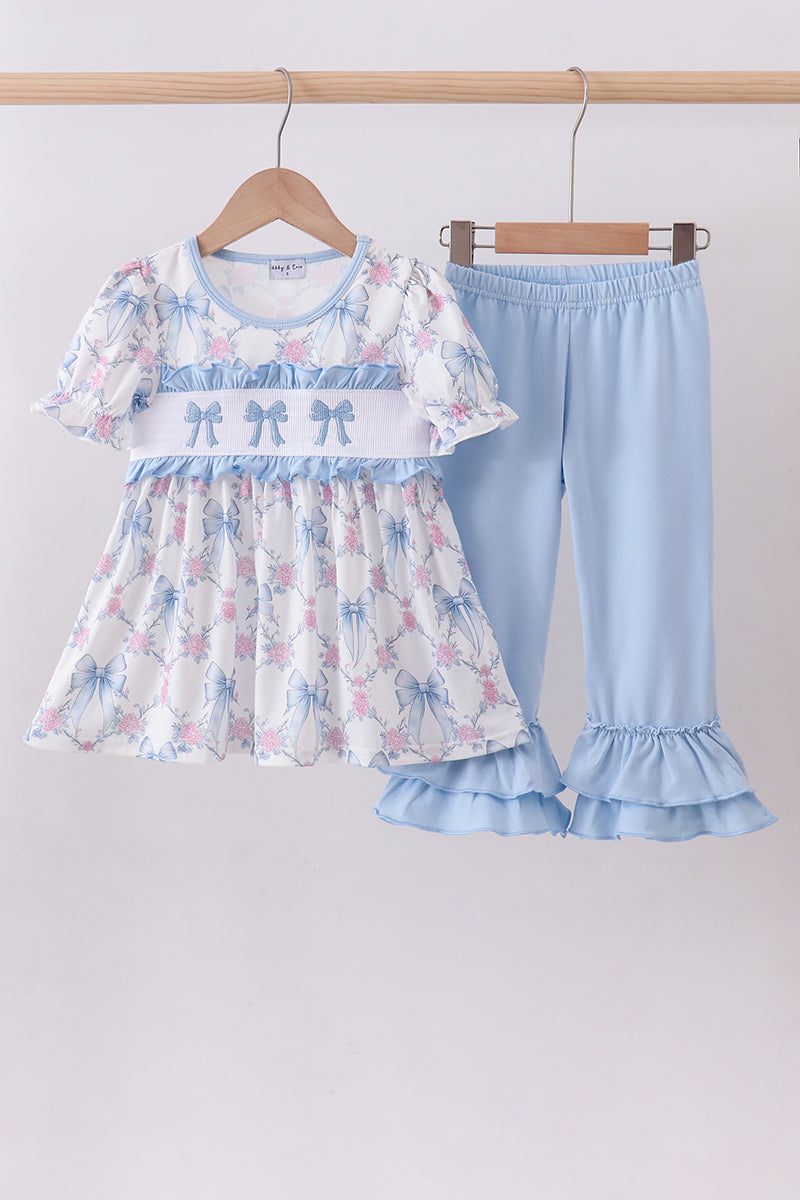 Blue bow floral smocked ruffle pants set