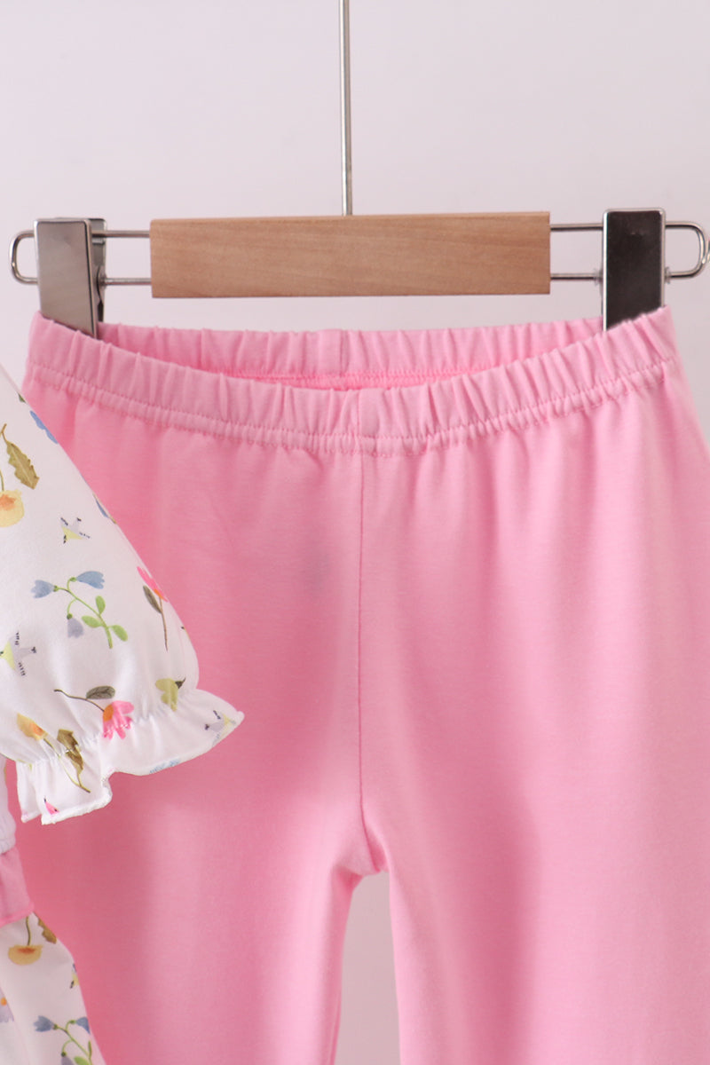 Pink duck embroidery ruffle pants set