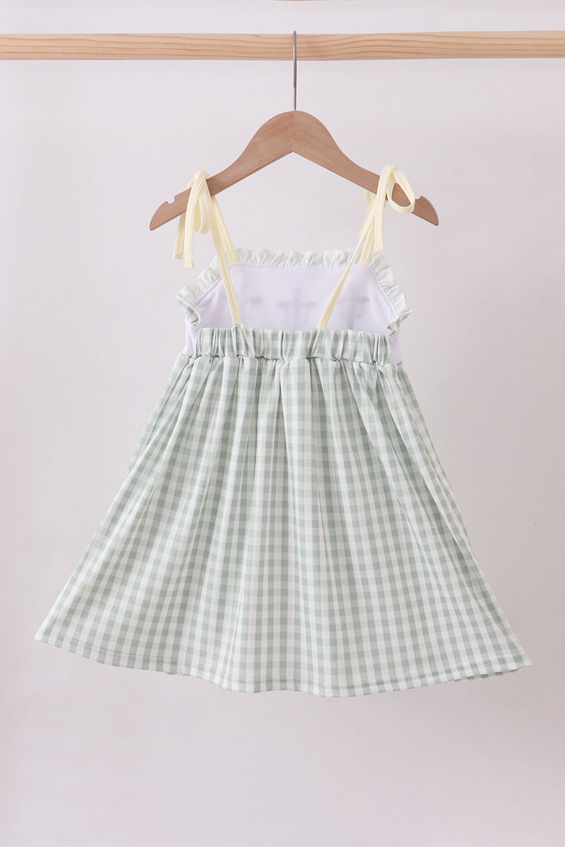Green cross embroidery gingham dress