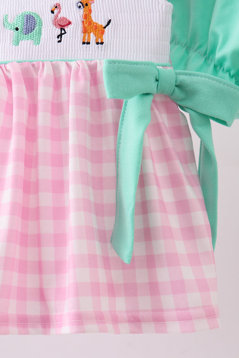 Pink zoo smocked ruffle bloomer set