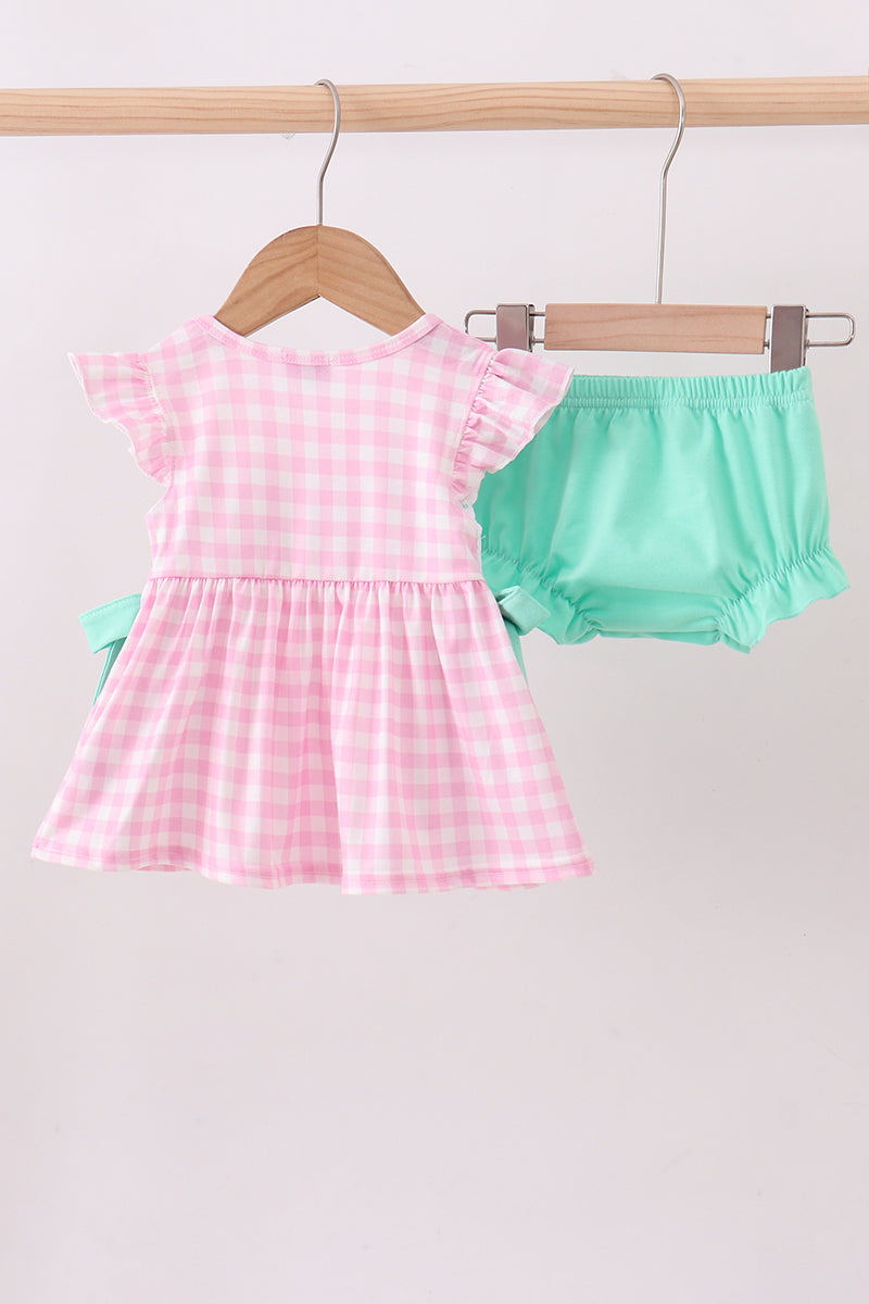 Pink zoo smocked ruffle bloomer set