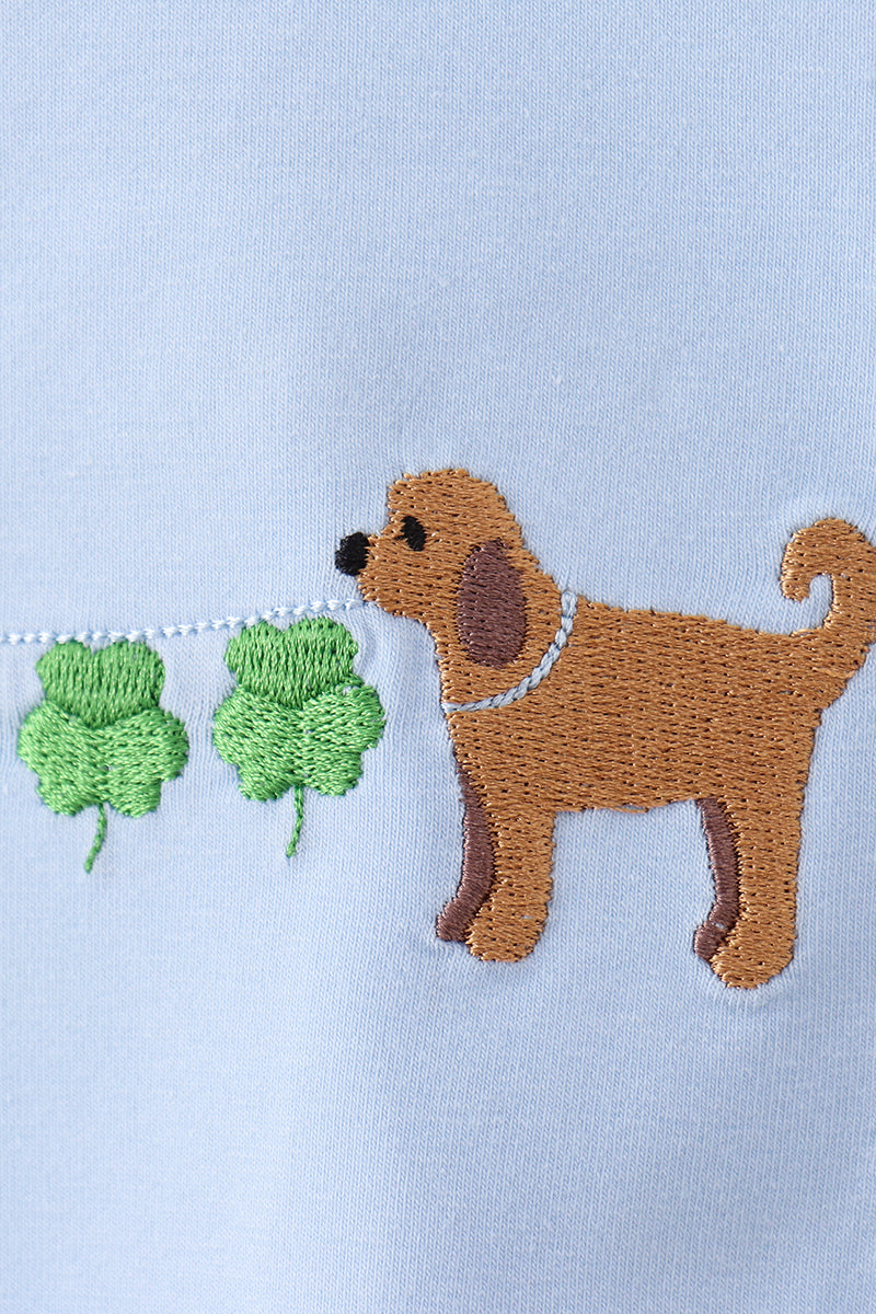 Blue puppy clover embroidery top