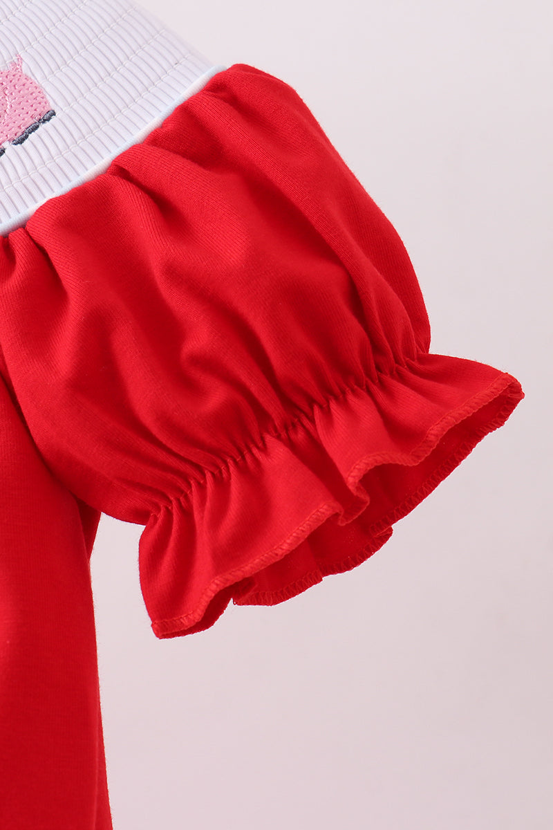 Red farm smocked ruffle bubble