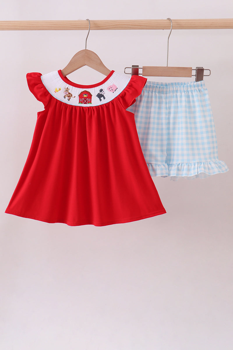 Red farm smocked gingham ruffle shorts set