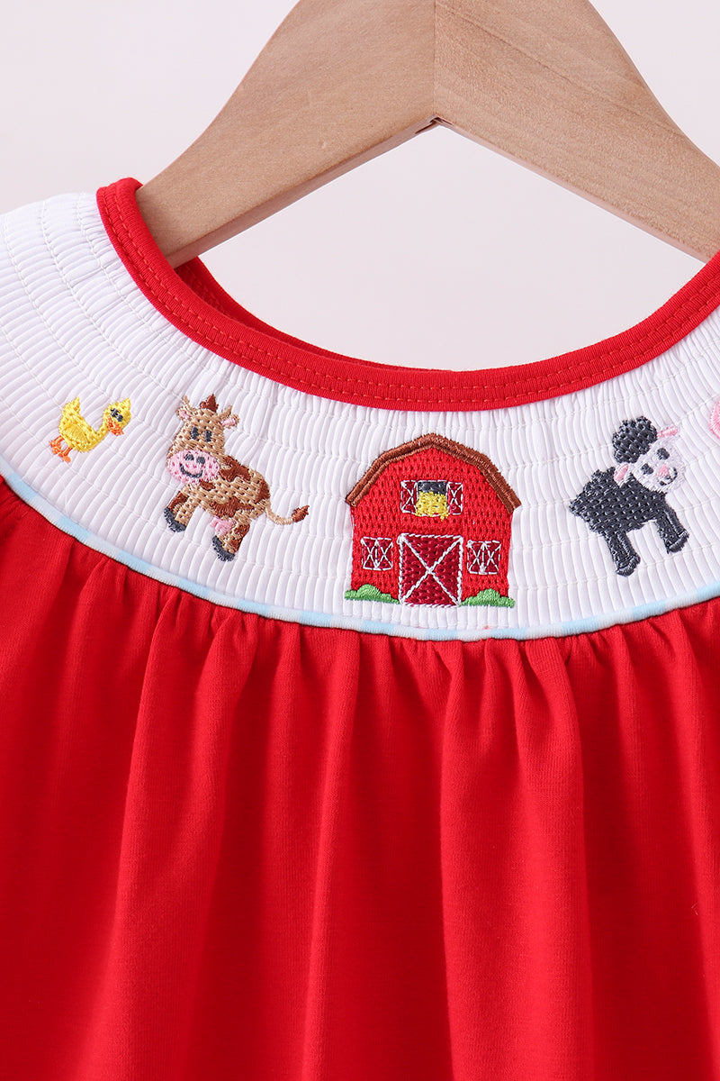 Red farm smocked gingham ruffle shorts set