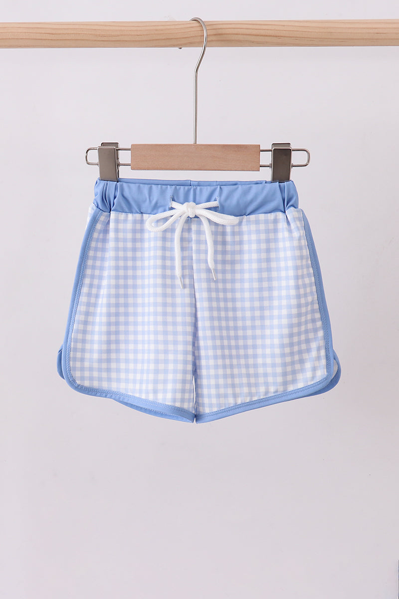 Blue gingham swim trunks