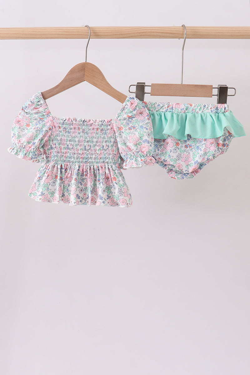 Green floral smocked ruffle 2pc swimsuit