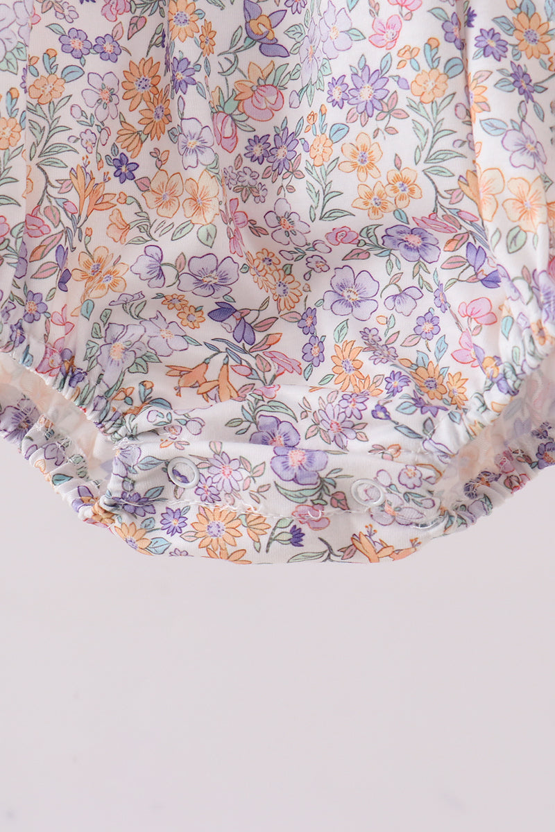 Purple floral smocked ruffle bubble