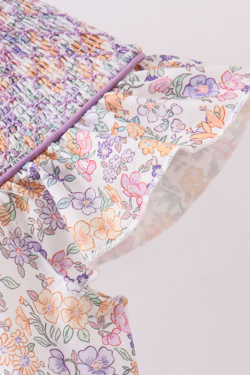 Purple floral smocked ruffle bubble