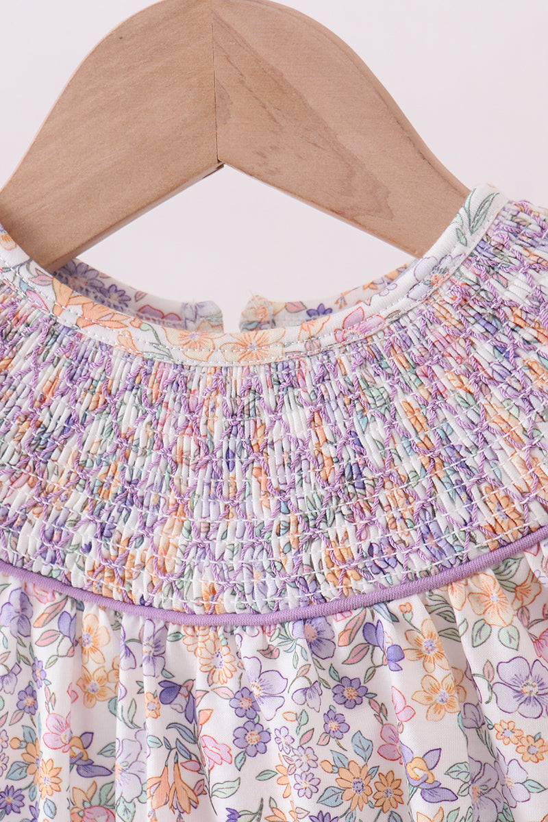Purple floral smocked ruffle bubble