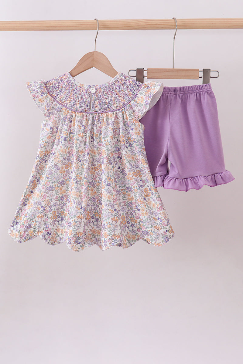 Purple floral smocked ruffle shorts set