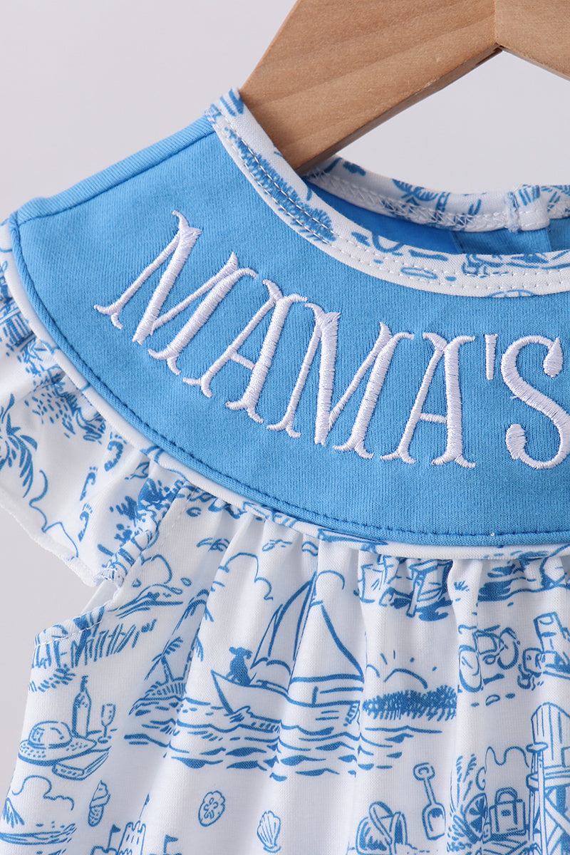 Blue mama's girl embroidery ruffle bloomer set