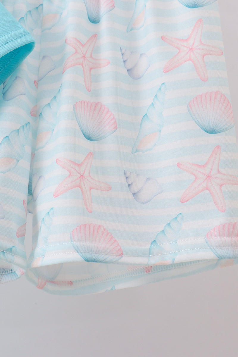 Blue shell starfish embroidery shorts set