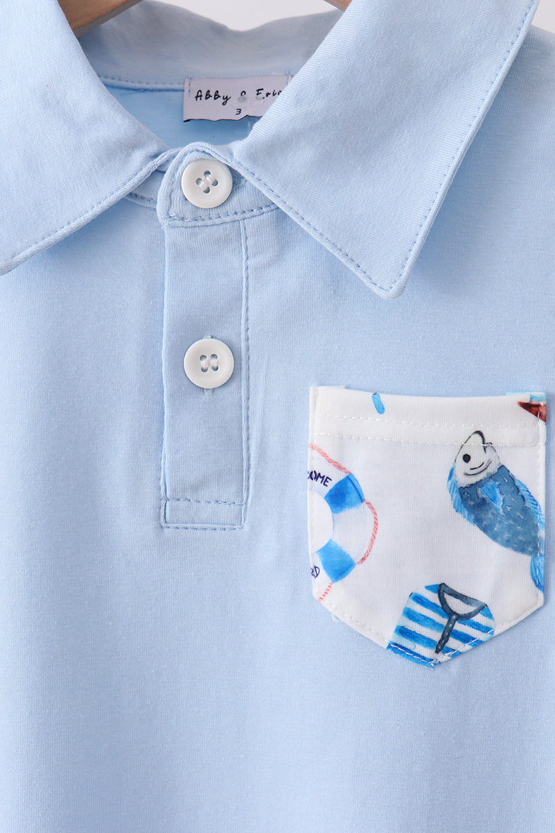 Blue sailboat print shorts set