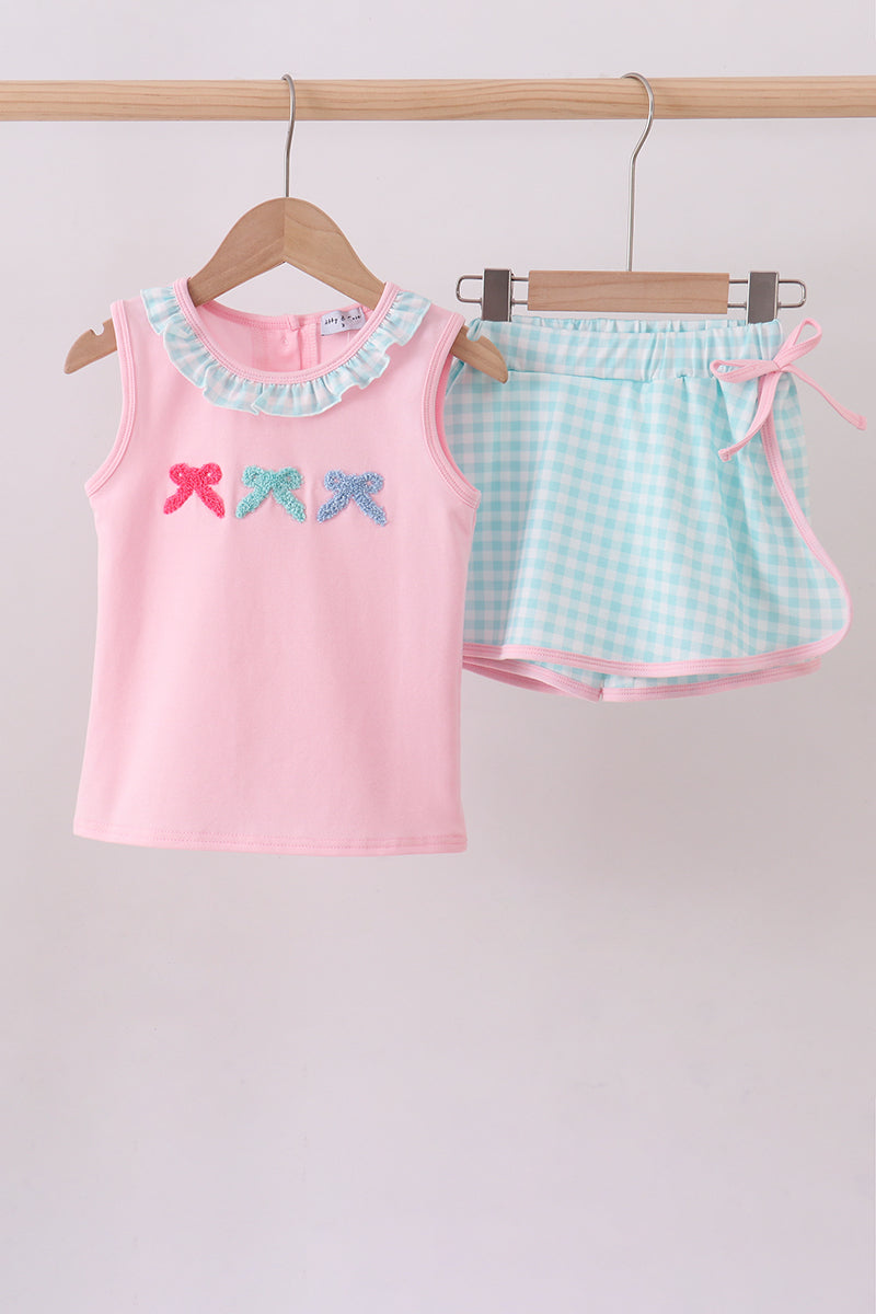 Pink bow french knot ruffle skort set