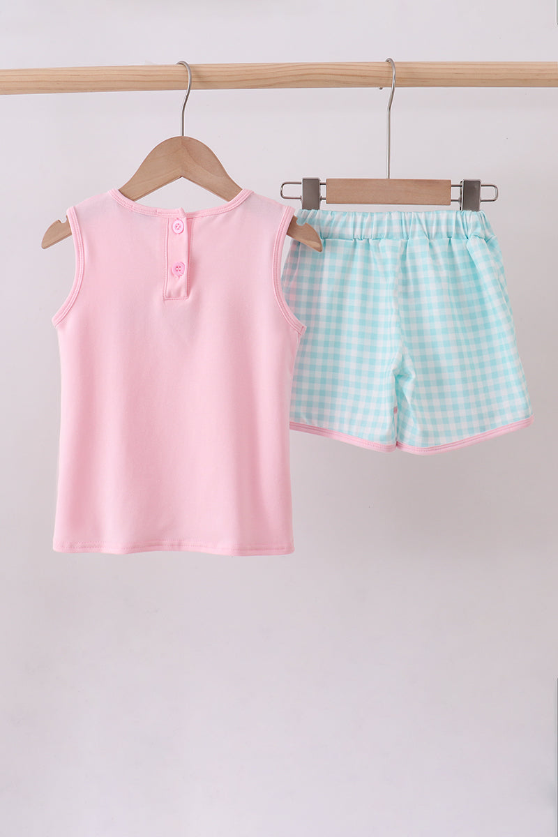 Pink bow french knot ruffle skort set