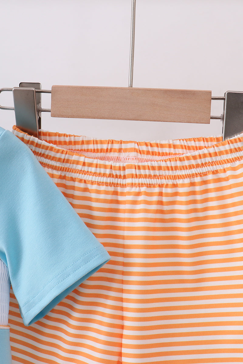 Blue marine embroidery stripe shorts set