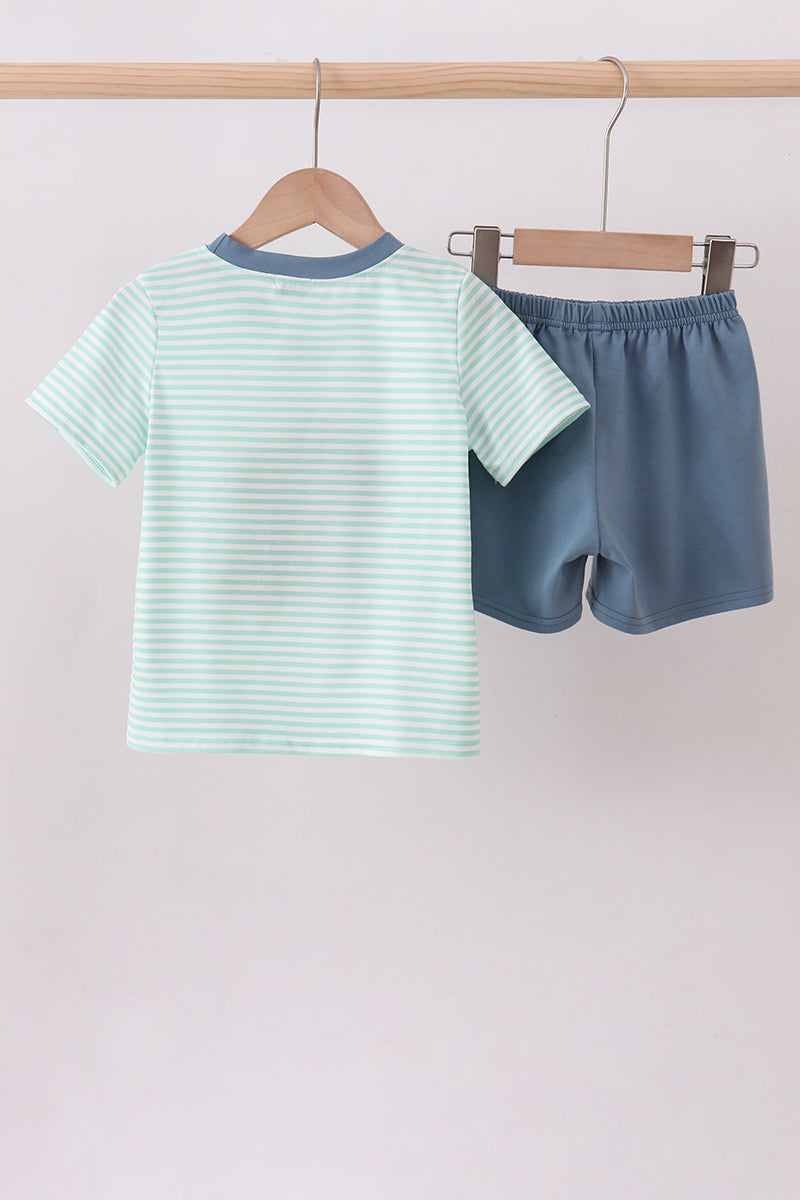 Green stripe puppy french knot shorts set