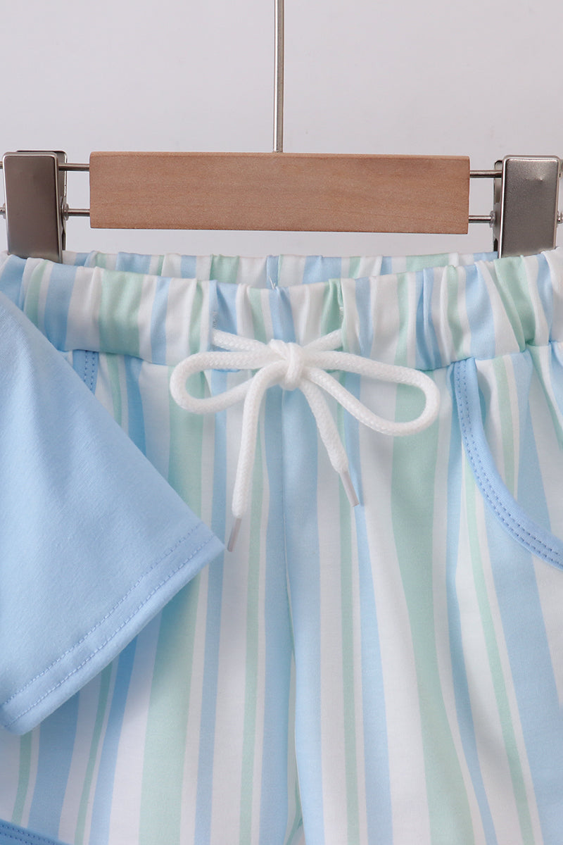 Blue stripe print shorts set