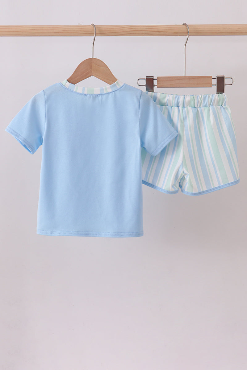 Blue stripe print shorts set