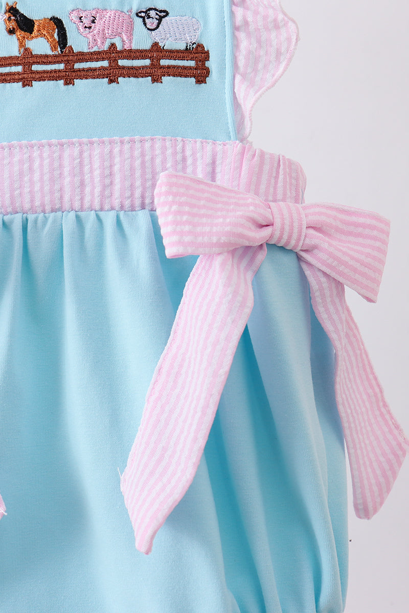 Blue farm animal embroidery seersucker ruffle bubble