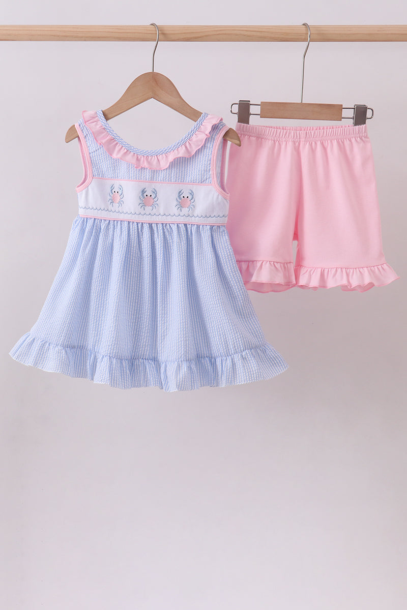 Blue crab embroidery seersucker ruffle shorts set