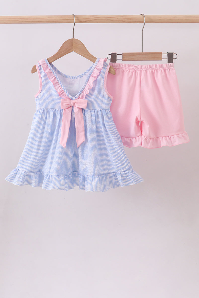 Blue crab embroidery seersucker ruffle shorts set