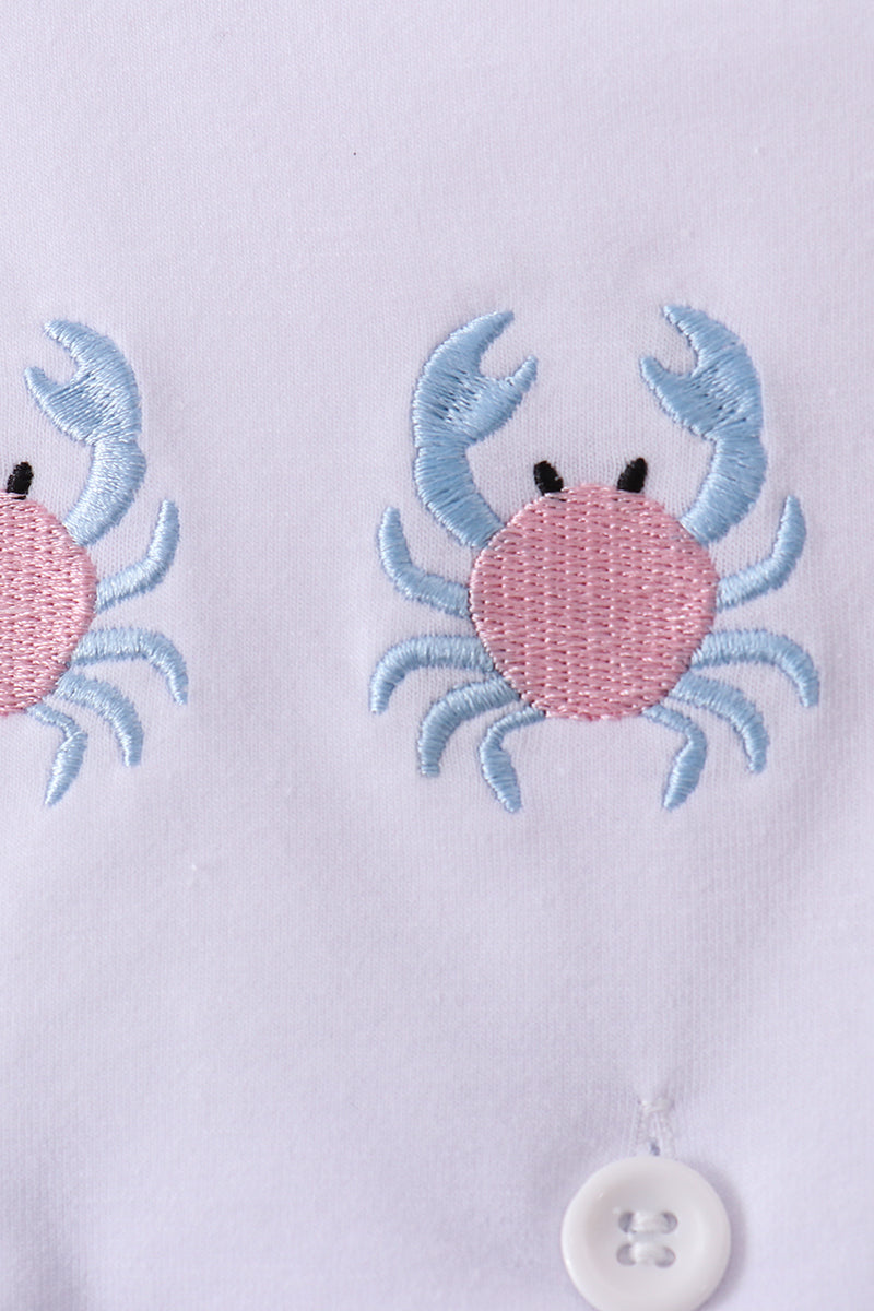 Blue crab embroidery seersucker bow dress