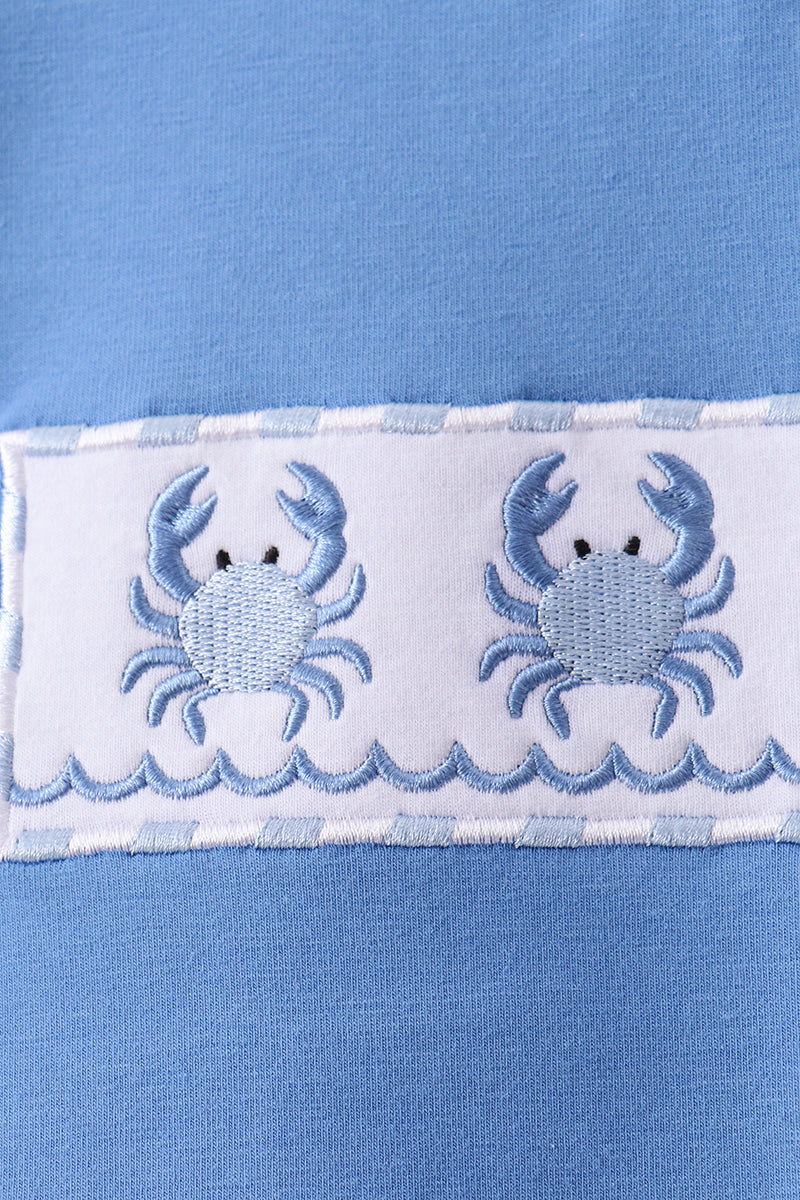 Blue crab embroidery seersucker shorts set