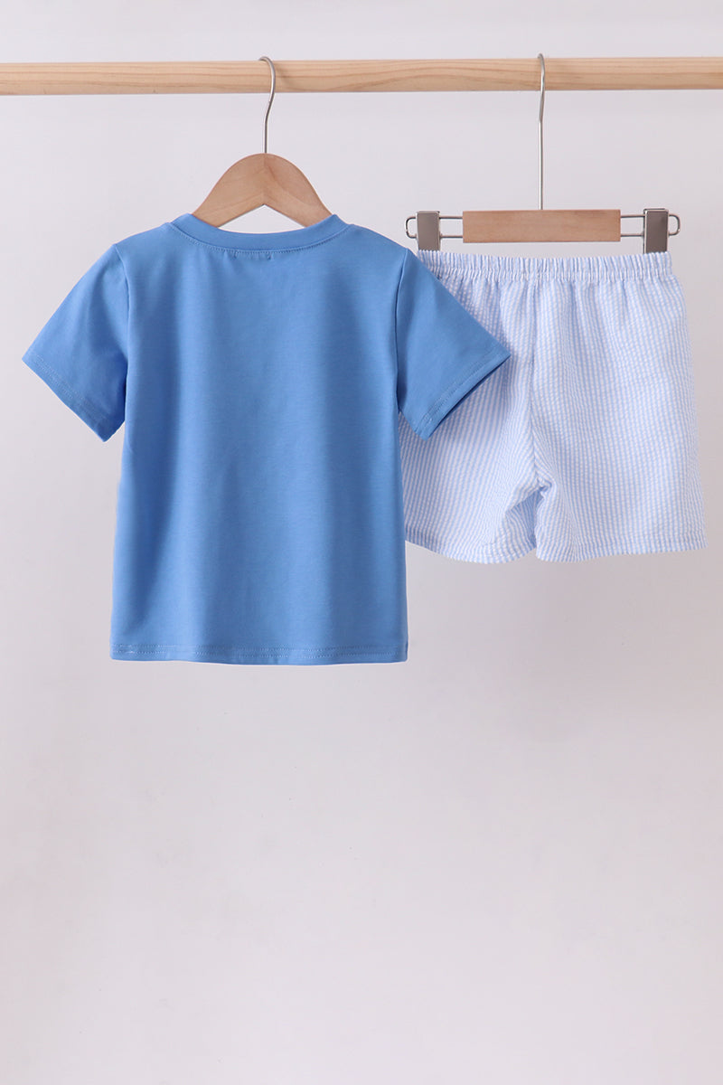 Blue crab embroidery seersucker shorts set