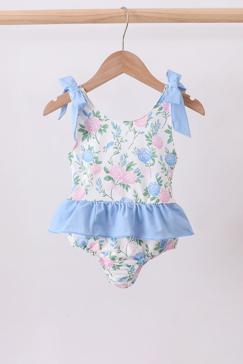 Blue floral smocked gingham one-piece swimsuit
