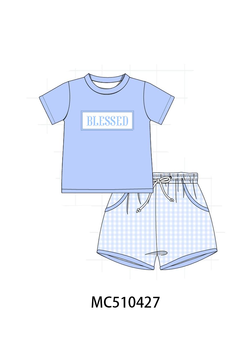 Blue BLESSED smocked gingham shorts set