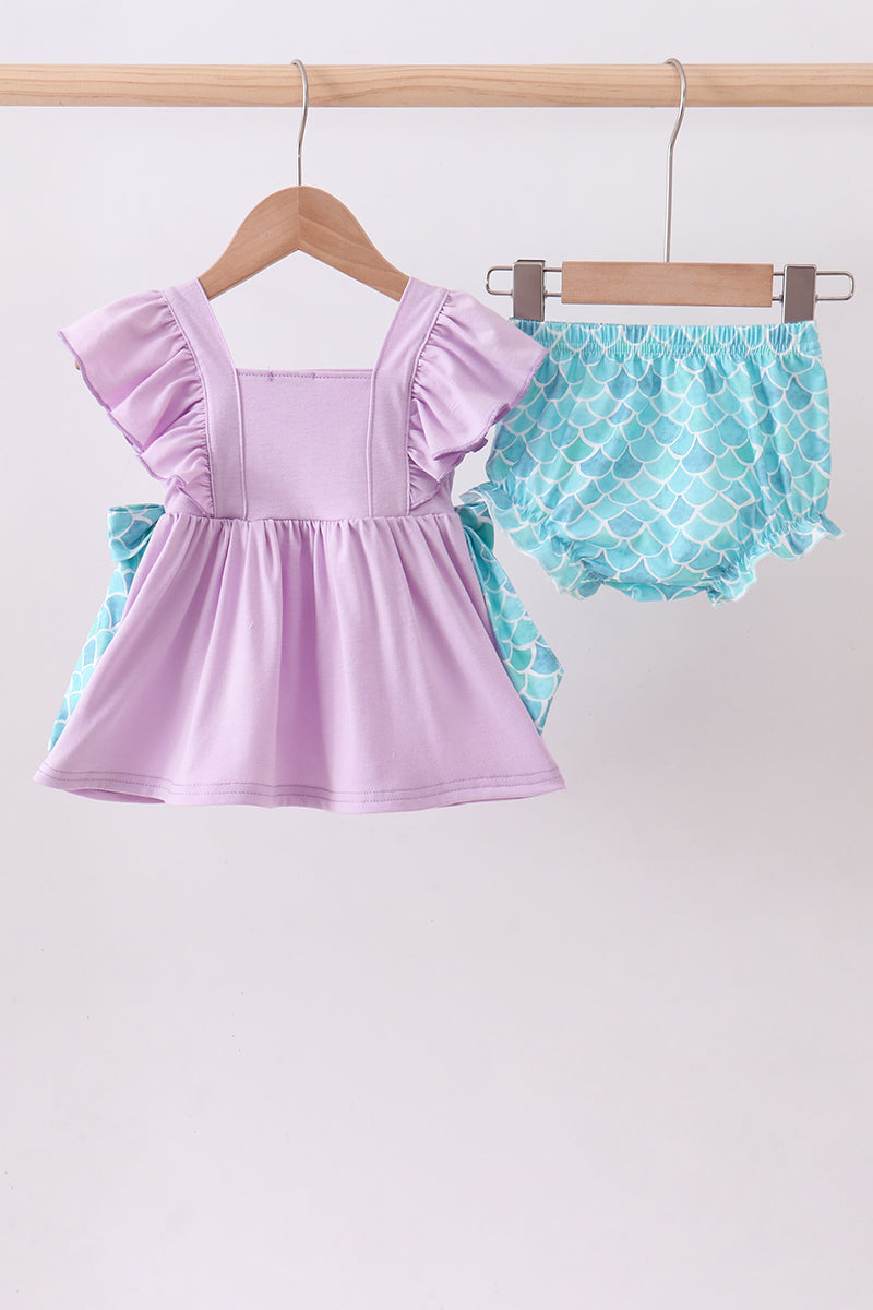 Purple mermaid embroidery ruffle bloomer set