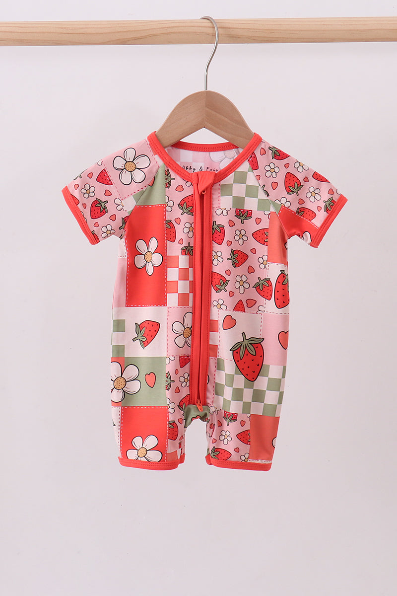 Pink strawberry checkered bamboo romper