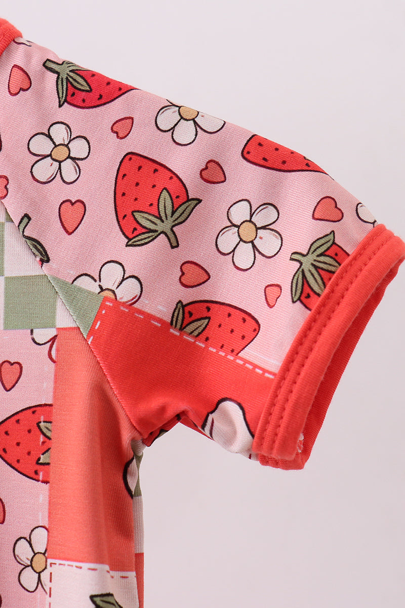 Pink strawberry checkered bamboo romper