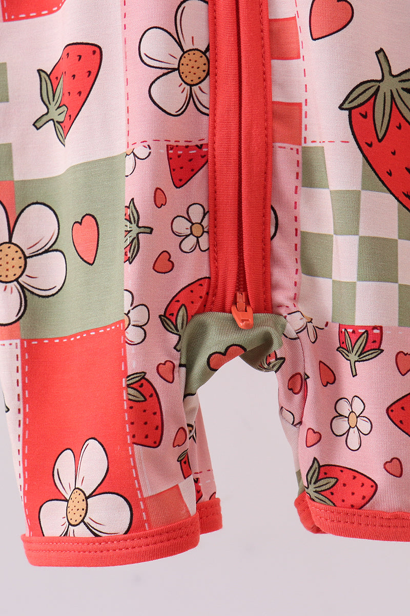 Pink strawberry checkered bamboo romper