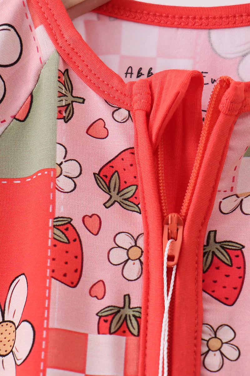 Pink strawberry checkered bamboo romper