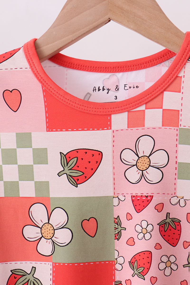 Pink strawberry checkered bamboo pajama set