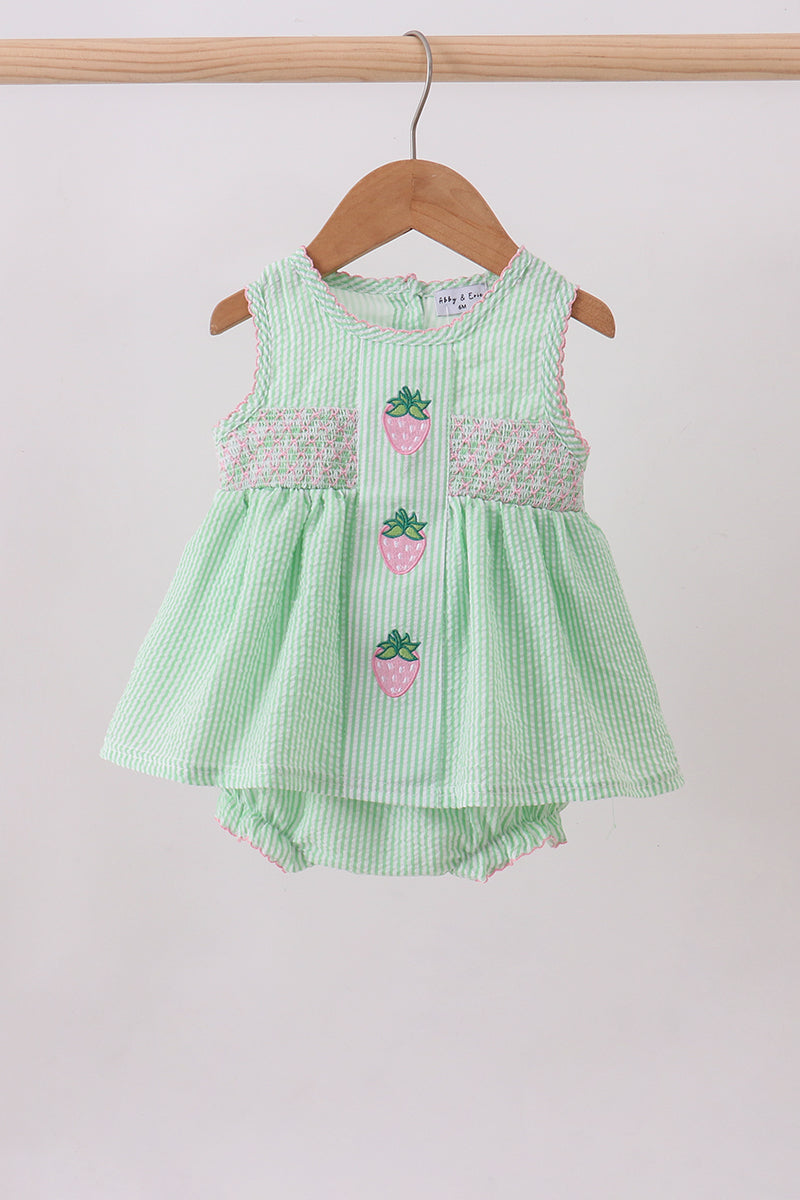 Green strawberry smocked ruffle bubble